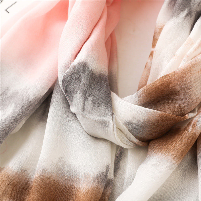 Cotton And Linen Feel Satin Cotton Scarf Female Ink Painting Rainbow Shawl