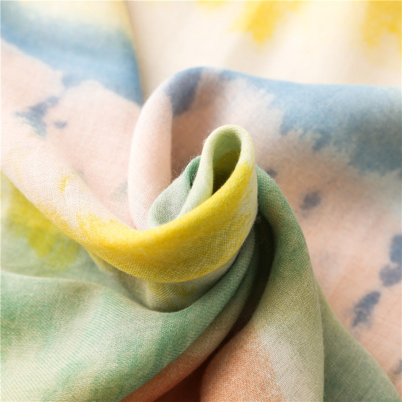 Cotton And Linen Feel Satin Cotton Scarf Female Ink Painting Rainbow Shawl