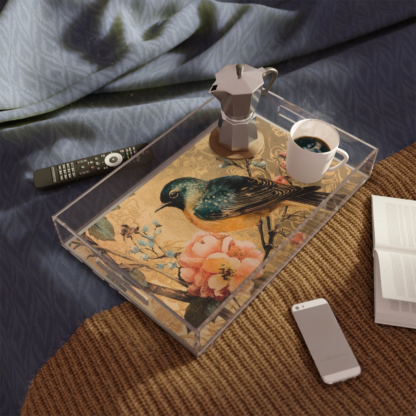 Acrylic Serving Tray with Vintage Bird Print Insert