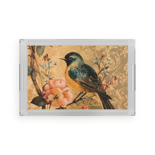 Acrylic Serving Tray with Vintage Bird Print Insert