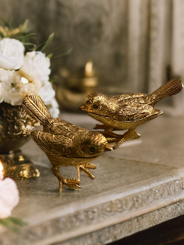 Vintage Gold Tone Bird Trinket Boxes (2) with Emerald Glass Eyes