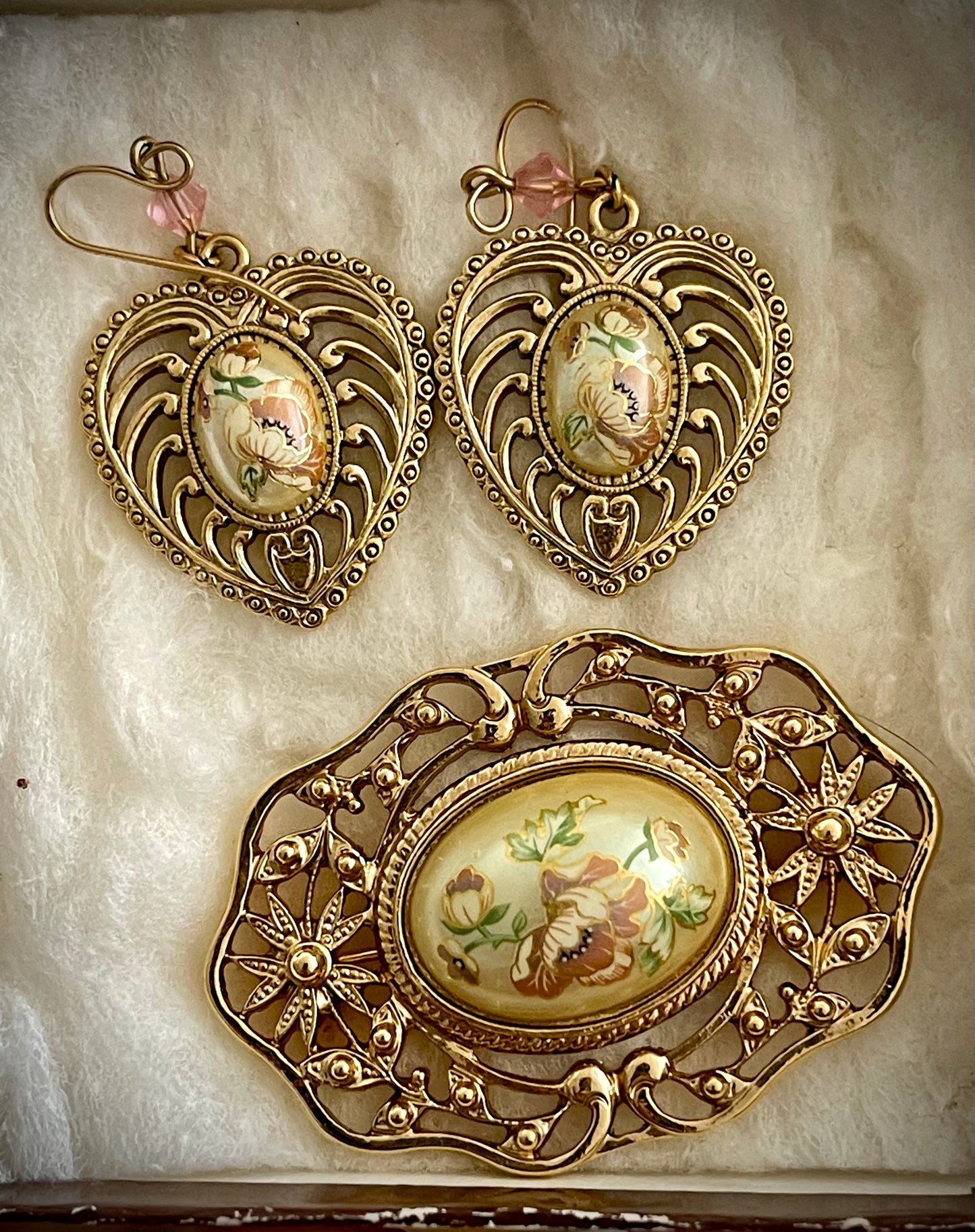 1940s Victorian Revival Porcelain Floral Brooch & Heart Earring Set