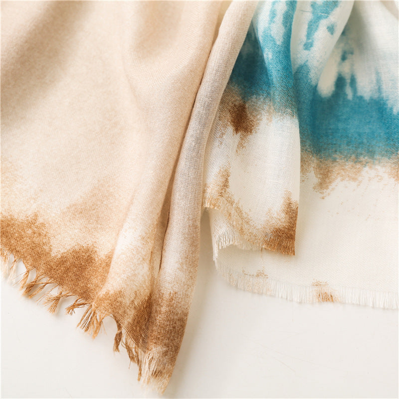 Cotton And Linen Feel Satin Cotton Scarf Female Ink Painting Rainbow Shawl