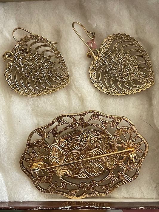 1940s Victorian Revival Porcelain Floral Brooch & Heart Earring Set