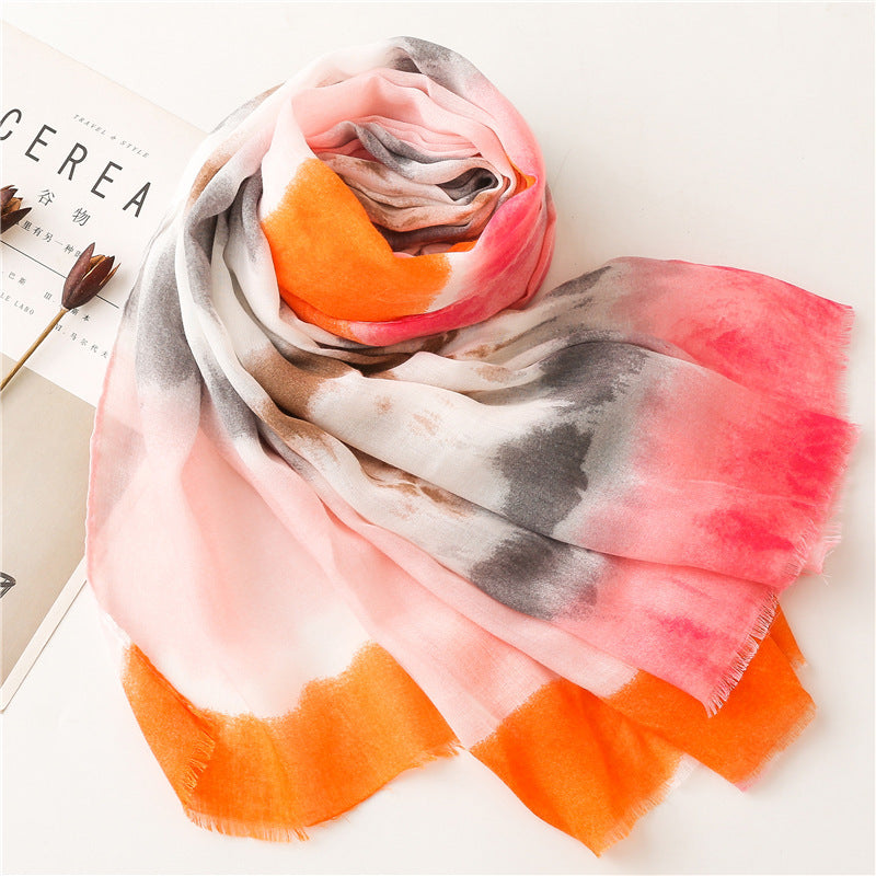 Cotton And Linen Feel Satin Cotton Scarf Female Ink Painting Rainbow Shawl