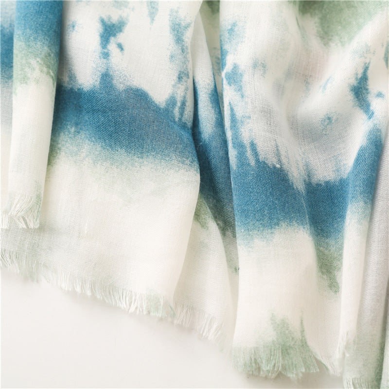 Cotton And Linen Feel Satin Cotton Scarf Female Ink Painting Rainbow Shawl