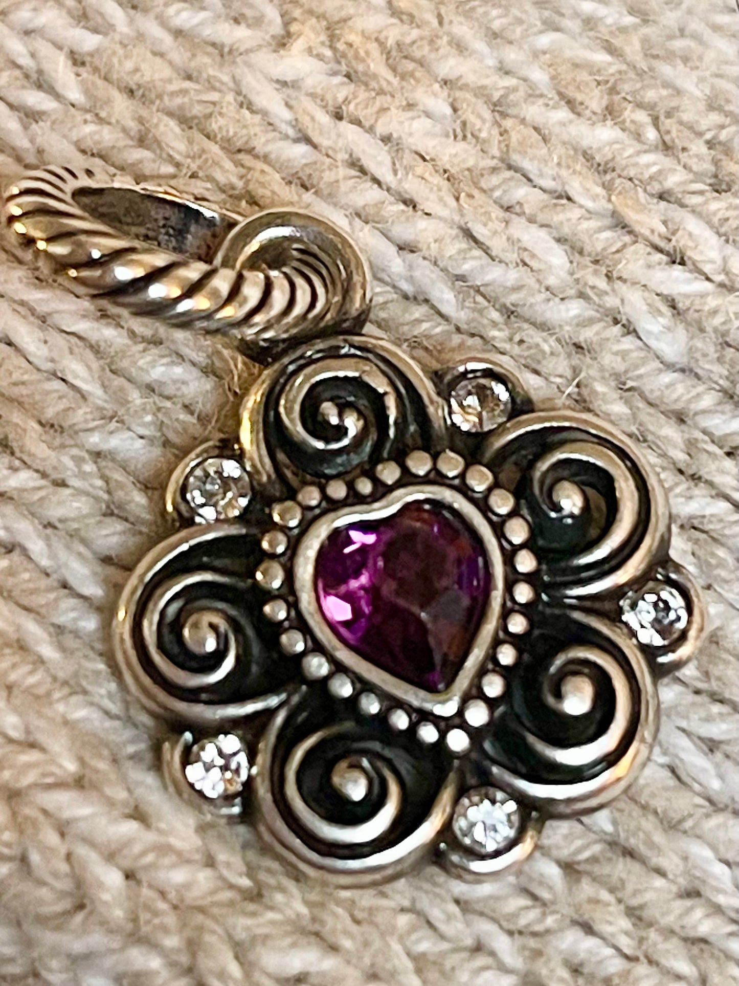 Brighton Silver Plated Charm with Amethyst Purple Stone– Vintage Scroll Design