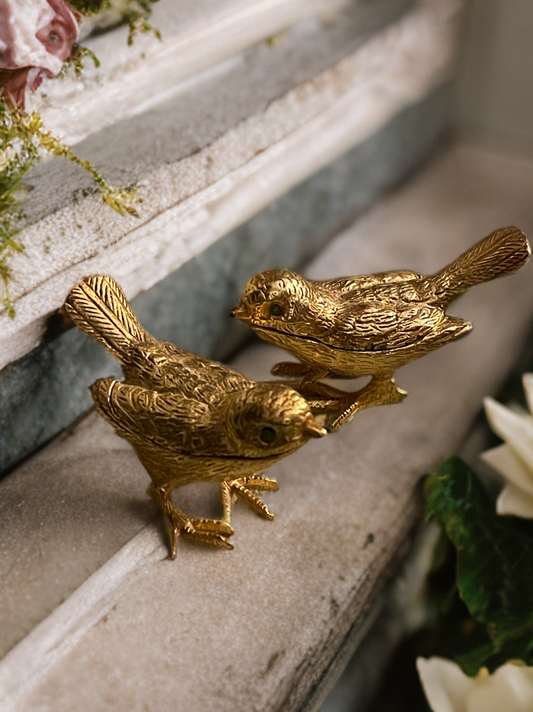 Vintage Gold Tone Bird Trinket Boxes (2) with Emerald Glass Eyes