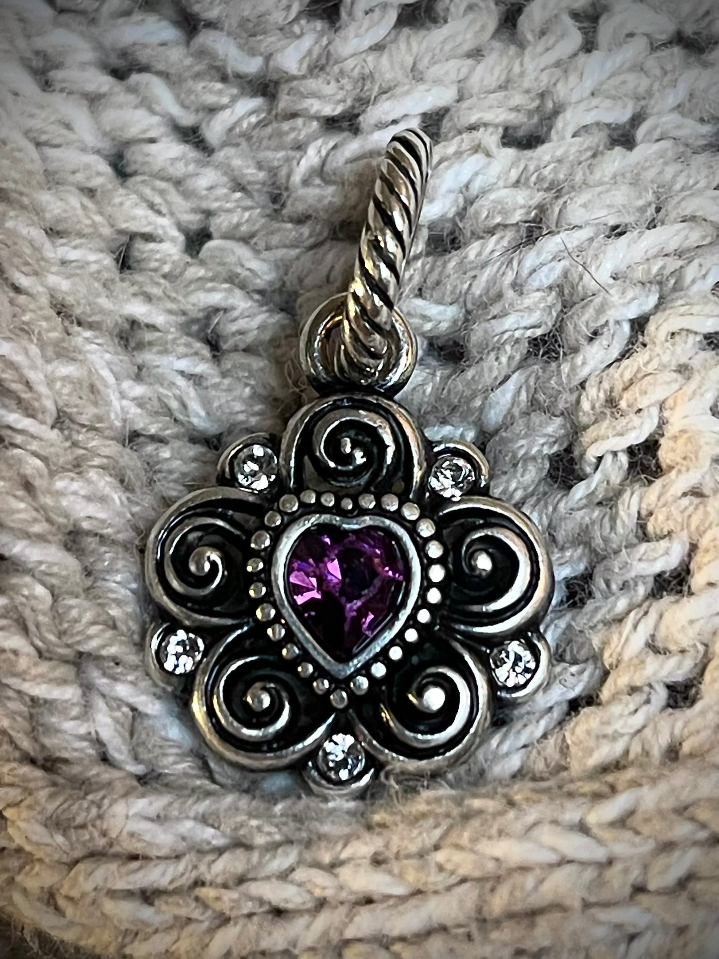Brighton Silver Plated Charm with Amethyst Purple Stone– Vintage Scroll Design