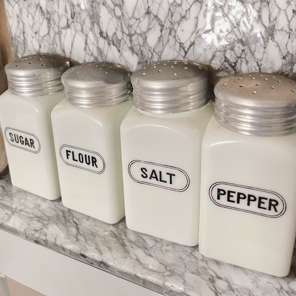 1930s Milk Glass Kitchen Spice Jar Set – Sugar, Flour, Salt, & Pepper