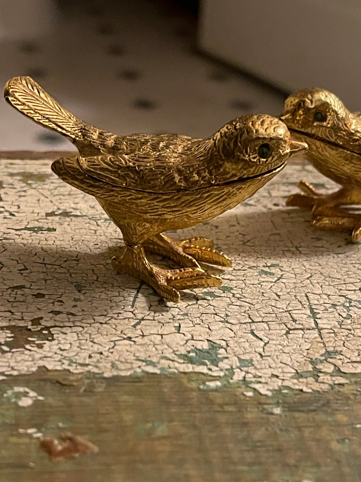 Vintage Gold Tone Bird Trinket Boxes (2) with Emerald Glass Eyes