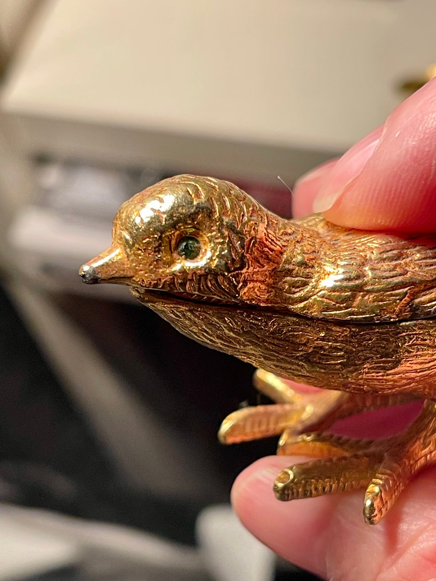 Vintage Gold Tone Bird Trinket Boxes (2) with Emerald Glass Eyes