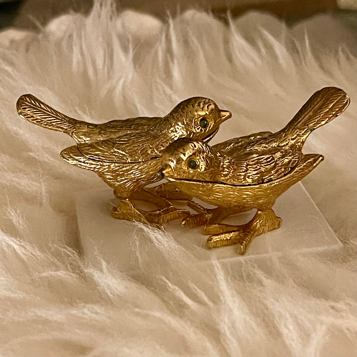 Vintage Gold Tone Bird Trinket Boxes (2) with Emerald Glass Eyes