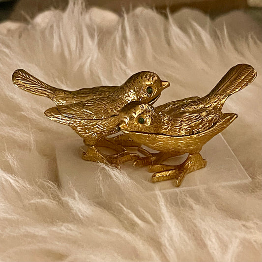 Vintage Gold Tone Bird Trinket Boxes (2) with Emerald Glass Eyes