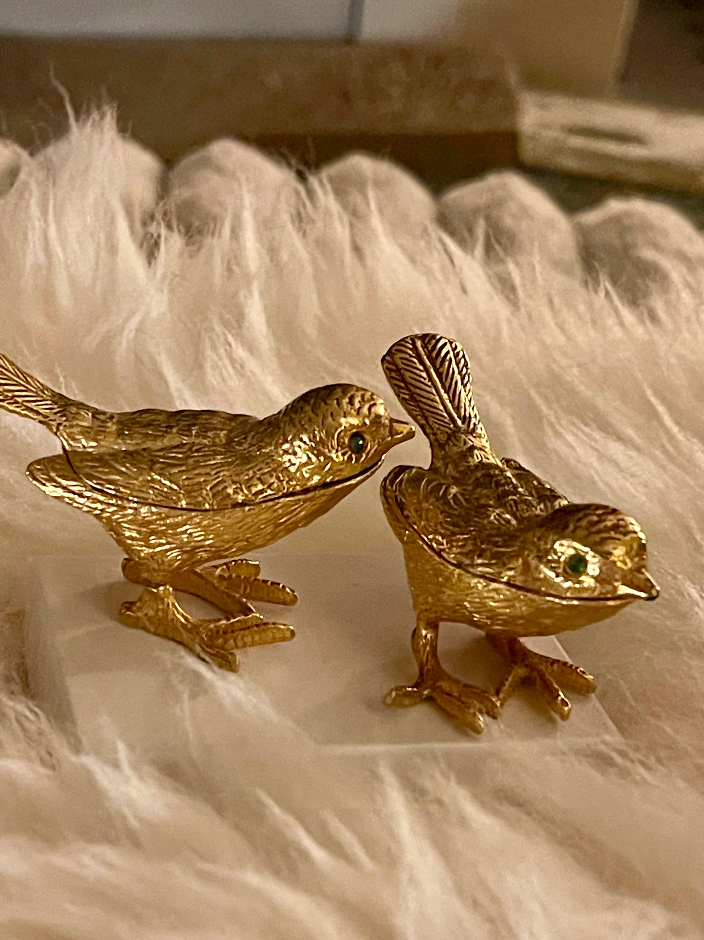 Vintage Gold Tone Bird Trinket Boxes (2) with Emerald Glass Eyes