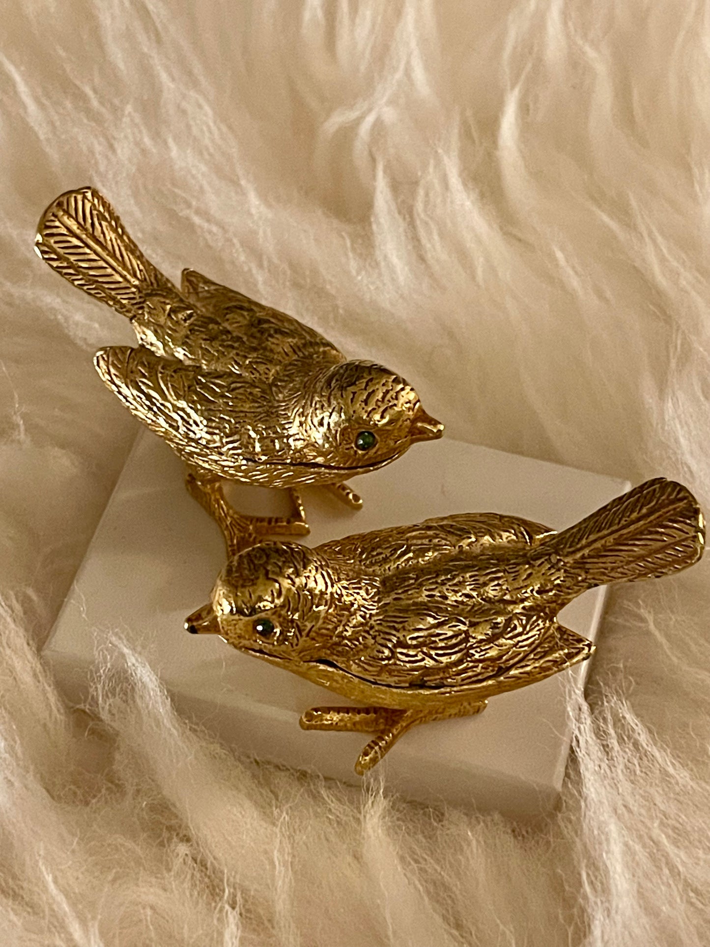 Vintage Gold Tone Bird Trinket Boxes (2) with Emerald Glass Eyes