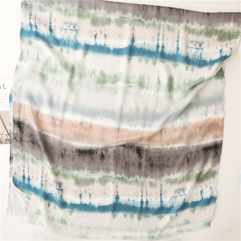 Cotton And Linen Feel Satin Cotton Scarf Female Ink Painting Rainbow Shawl